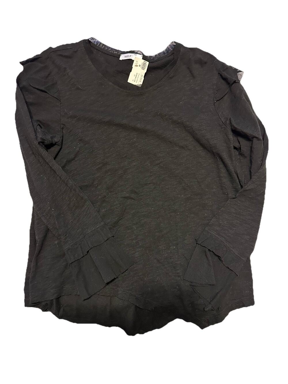 Wilt Long Sleeve Ruffle Trim Shirt Women Medium Black USA Boho Casual Neutral